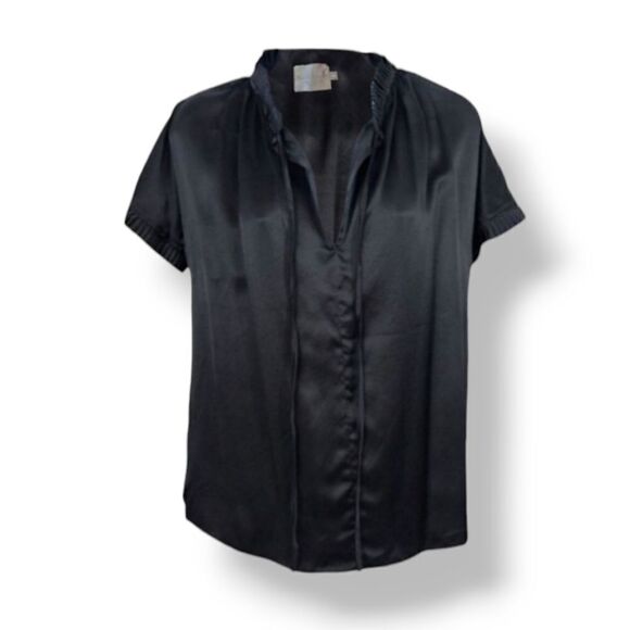 NEW No. 6 Store Silk Pleated Ruffle Trim Tie Front V-neck Top in Black Size S - Picture 1 of 10